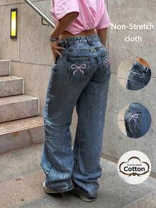 Jeans rectos de color claro clásicos para mujer con bolsillos traseros bordados, uso casual de todos los días para primavera - Azul lavado oscuro - Ver 10