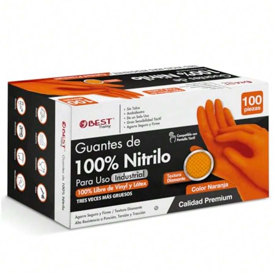 CYPNBest Trading 100 Guantes de Nitrilo Uso Industrial Color Naranja Para Uso Rudo Libres de Látex y Vinyl Textura Diamante Para Mayor Agarre de 8.5g de Grosor y Tecnología TouchscreenFashion - 224424369 - Ver 1
