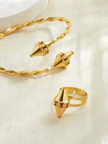 18K镀金优雅方形手镯戒指套装，高端复古风格，适合尼日利亚、迪拜、中东、沙特阿拉伯等地，可用于新娘婚礼、日常佩戴、周年纪念礼物、万圣节礼物等场合。 - 金色 - 查看 4