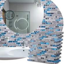 Azulejo Decorativo de Piedra Mineral y Cristal, Color Azul/Gris, 30x30 cm, para Salpicadero de Cocina, Baño o Ducha, Paquete de 5 Unidades con Malla Trasera - a23631+5 hojas - Ver 2