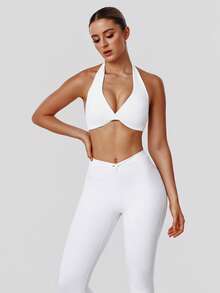 Sodalemon Women's 2 Pieces Workout Set, Twist Back Camisole Sports Bra, Seamless, Twist Waist Band, Seamless Tight Yoga Pants, Solid Color Outdoor Casual Sports Suit - White - View 7