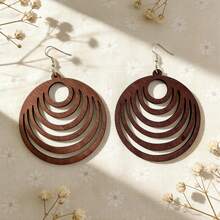 1 Pair Wireless Geometric Circle Wooden Pendant Earrings, Exaggerated Large Hoop Earrings - Brown - View 5