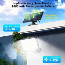 这款户外太阳能聚光灯配备300颗高亮度LED灯珠和5米超长电源线，并带有遥控器和3种照明模式。它拥有IP65防水等级，适用于花园、车库、小路和前门照明，也是万圣节和圣诞节的理想礼物。 - white light - 查看 6