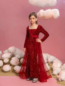 ALISA&LEO Tween Girl's Sequined Mermaid Formal Dress With Mesh Insert At Waist - Red - View 7