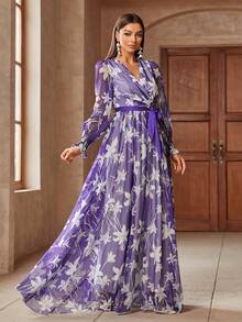 Đầm dài dáng chữ A thanh lịch dành cho nữ, in họa tiết, tay dài, thiết kế cổ chéo, thắt lưng màu tương phản, chi tiết nhún ở cổ tay, thích hợp cho kỳ nghỉ xuân. - Màu tím - Xem 5