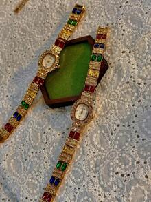 1pc New Luxury Colorful Gemstone & Crystal Inlaid Vintage Elegant Fashion Women's Watch, Oval Faux Pearl Dial, 30M Water Resistant, Suitable For Daily Wear, Parties, Vacations And Outings - Gold - View 6