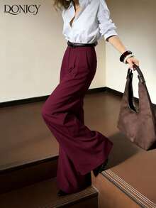 DONICY 1PC Women's Solid Wine Red High-Waist Pleated Wide-Leg Pants Office Workwear Suit Fabric Long Trousers Medium-Thickness Breathable Elegant Business Casual Pants Spring Autumn Valentine's Day Dating Commute Wear