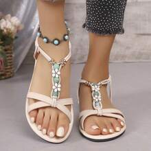 1 Pair Unisex Slip-On Sandals With Beaded Elastic Band, Bohemian Style PU Non-Slip Casual Shoes For Indoor, Outdoor, Beach, Travel, Campus, Suitable As Gift, 2026 New Arrival - Apricot - View 9