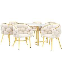 Dining Table Set (7 Pieces), Dining Table 140 X 80 Cm, 6 Chairs With Gold Metal Legs, Modern Marble Pattern. - White - View 3