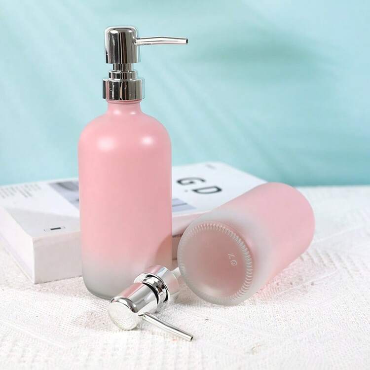 16盎司可重复使用渐变粉色玻璃皂液器，无香型可灌装洗手液瓶，适用于浴室和厨房 - 粉色 - 查看 2