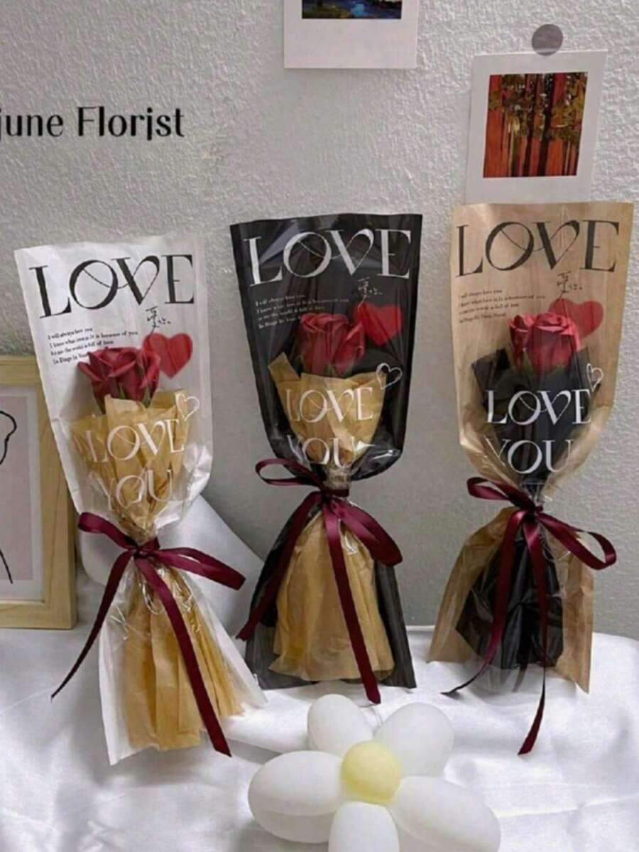 20pcs/Pack LOVE Design Clear Flower Bouquet Gift Bags, Colorful Flower Packaging Bags, Single Rose Packaging Bags, Mother's Day Gifts, 520 Bouquet Bags. Suitable For Single Rose, Valentine's Day Gift Bags.