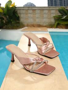 Women's Rhinestone Square Toe Stiletto High Heel Sandals, Sexy Outdoor Wear, Summer - Pink - View 4