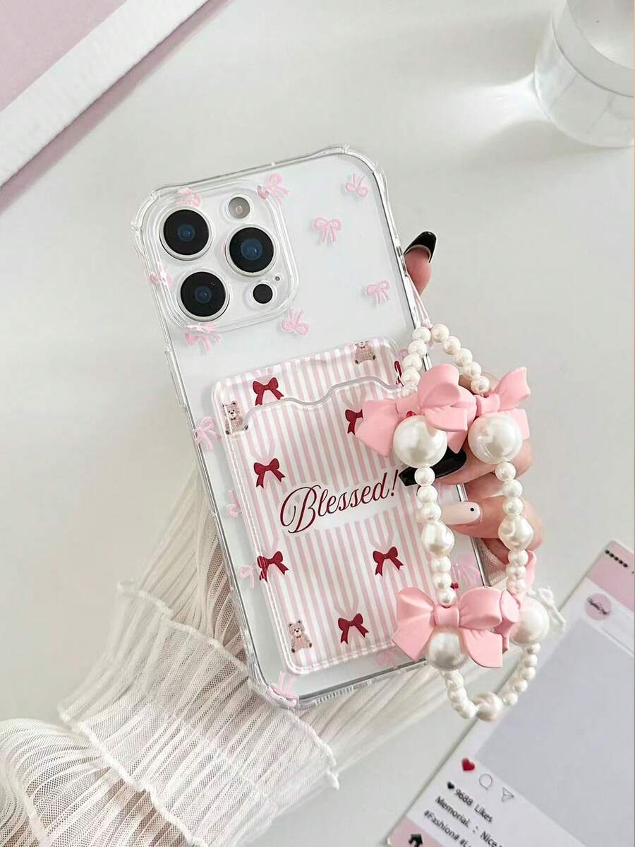 条纹蝴蝶结彩绘透明卡包硅胶软壳全包保护套，附赠串珠手链配件，兼容 17 Pro/17 Air/17/17 Pro Max、16/11/16 Pro/16 Plus/16 Pro Max/16 e、Galaxy、Redmi 等机型。 - 彩色 - 查看 1