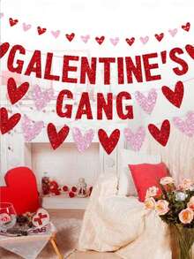 一套 GALENTINE'S GANG 粉色闪光字母横幅，情人节派对背景装饰花环，红色字母心形三角旗，闺蜜节情人节周年纪念派对装饰 - 彩色 - 查看 3