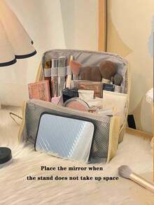 Large-Capacity Upright Makeup Bag - Multi-Room Travel Makeup Organizer, Fabric And Mesh Pockets, Portable Desktop Skincare And Makeup Tool Organizer (Beige/Black), Disposable Makeup Bag/Sturdy Zipper Switch Bag, Makeup Bag, Vanilla, Makeup Bag, Organizer Bag, Makeup Bag, Toiletry Bag, Desktop Organizer Bag, Shuxin Makeup Bag, Large Opening Upright Large-Capacity Makeup Organizer, Office Desktop Organizer Bag/Pencil Case - Multicolor - View 9