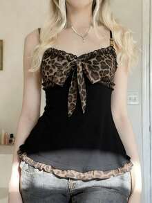 Y2K Leopard Print A-Line Camisole Tank Top, Women Street Fashion 90s Sexy Sleeveless Tie Front Crop Top, Vintage Midriff Revealing Summer Versatile Party Camisole, Vacation, Date Night, Valentine's Day Casual Black - Black - View 4