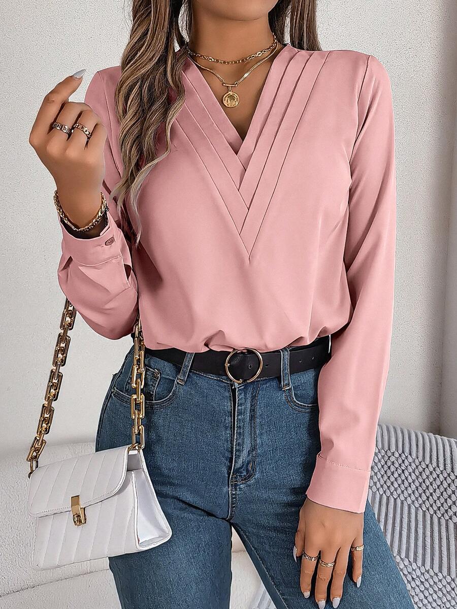 Women's Elegant Commuter Casual Solid V-Neck Long Sleeve Shirt, Spring/Summer Pink - Pink - View 1