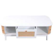 Coffee Table - Rattan Coffee Table, Drawers With Rattan And Sliding Doors With Solid Wood Slats, Solid Wood Legs, Natural Country Style.