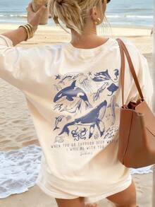 女士夏季新款海洋动物鲨鱼、海豚、海星印花休闲度假风宽松百搭圆领米色短袖T恤，时尚百搭，适合日常和度假穿着 - 杏色 - 查看 6