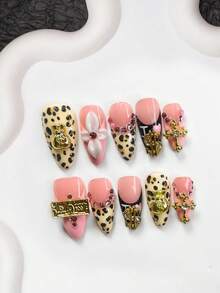 10件套可爱时尚豹纹美甲套装，亚克力按压式美甲贴片，金色福袋，美元，砖块美甲装饰，四叶白花，水钻十字架，粉色闪光水钻设计美甲用品手工按压式美甲贴片 - 彩色 - 查看 11