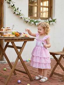 Toddler Baby Girl Easter Dress Smocked Flutter Sleeve Square Neck Rabbit Embroidery Plaid Tiered Birthday Party Dress Summer Clothes - Hồng - Xem 4