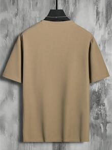 男士休闲宽松印花圆领涤纶T恤，百搭日常穿着，夏季 - 咖啡棕 - 查看 3
