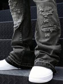 Men's Flared Jeans, Slim Fit Distressed Flare Leg Jeans, Y2K Stacked Jeans, Contrast Wash Embroidered Jeans, Suitable For All Seasons