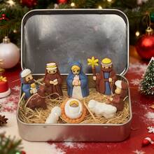 盒装耶稣诞生场景摆件，铁盒装饰，桌面圣诞摆件，祈祷场景耶稣摆件，节日展示，祈祷场景，耶稣诞生场景，精致设计，轻巧套装，圣诞装饰品，家庭传统 - 彩色 - 查看 2