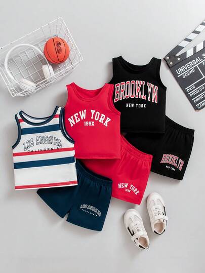 Conjunto de 6 piezas de ropa casual de verano para niños pequeños con estampado de letras "Los Ángeles, Nueva York, Brooklyn" que incluye camiseta de cuello redondo y pantalones cortos
