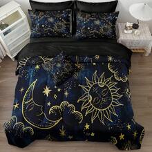 Queen Blue Galaxy Comforter Set Bed In A Bag - 8PC Gold Moon & Stars Bohemian Universe Bedding - 藍色1 - 查看 4