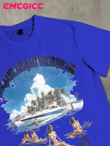 EMCGICC Street Life Men's Y2k Style (220 Pure Cotton T-Shirt) Retro Graphic Funny Printing,Hip Hop ,Men's Summer Tops Round Neck Short Sleeve Casual T-Shirt, Summer Street Sports Life Men's - 藍色 - 查看 2