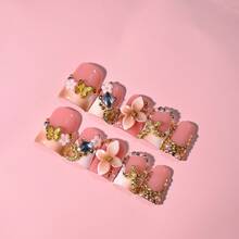 Handmade Sweet Luxury Short Duck Bill Press On Nails, Artisan Design, 3D Stereo Flower, Gold Butterfly, Heart Rhinestone, Pearl Chain Details, High-Gloss Finish, Salon-Quality Reusable, Ideal Gift For Noble Style Enthusiasts Summer - 彩色 - 查看 9