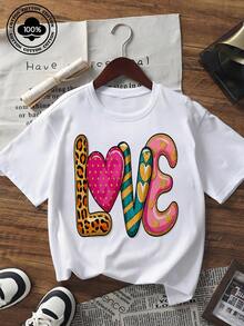 Valentine's Day Themed Women's Short Sleeve T-Shirt With Colorful "LOVE" Graphic Print, Leopard Heart Pattern, Casual Crew Neck Tee Top For Loose Fit Streetwear, Perfect For Couple Outfits Or Romantic Gifts - 白色 - 查看 6