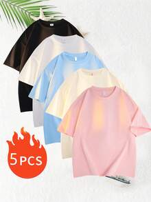 5pcs/Pack Basic Solid Color Short Sleeve T-Shirts, 5 Colors Available, Suitable For Daily Wear, Outdoor, Travel, Casual, Streetwear, Work Commute - Blue - View 1