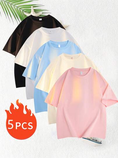 5pcs/Pack Basic Solid Color Short Sleeve T-Shirts, 5 Colors Available, Suitable For Daily Wear, Outdoor, Travel, Casual, Streetwear, Work Commute