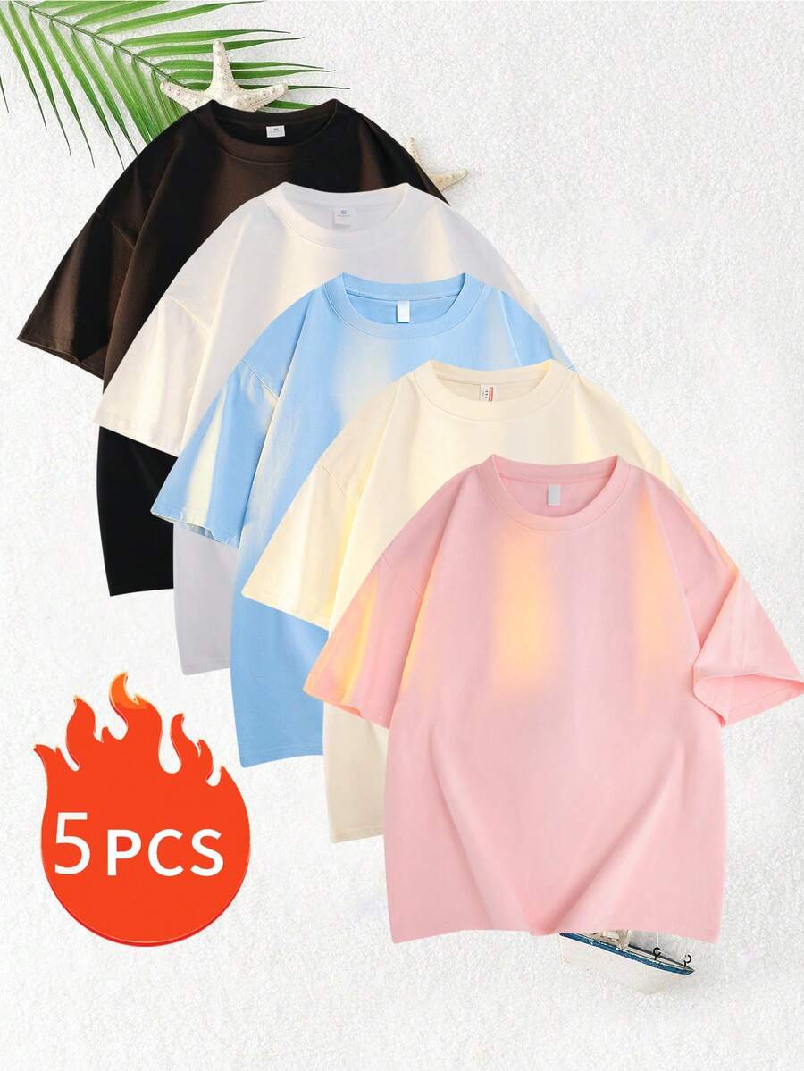 5pcs/Pack Basic Solid Color Short Sleeve T-Shirts, 5 Colors Available, Suitable For Daily Wear, Outdoor, Travel, Casual, Streetwear, Work Commute - Blue - View 1