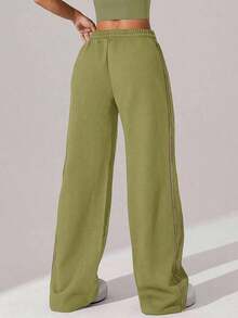 1pc Women's Waffle Knit Loose Straight Leg Drawstring Waist Contrast Color Simple Fitness Sports Pants, Spring/Summer - Màu xanh lá cây - Xem 3