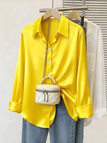 Plus Size Women Casual Satin Button-Up Shirt Spring - Yellow - View 1