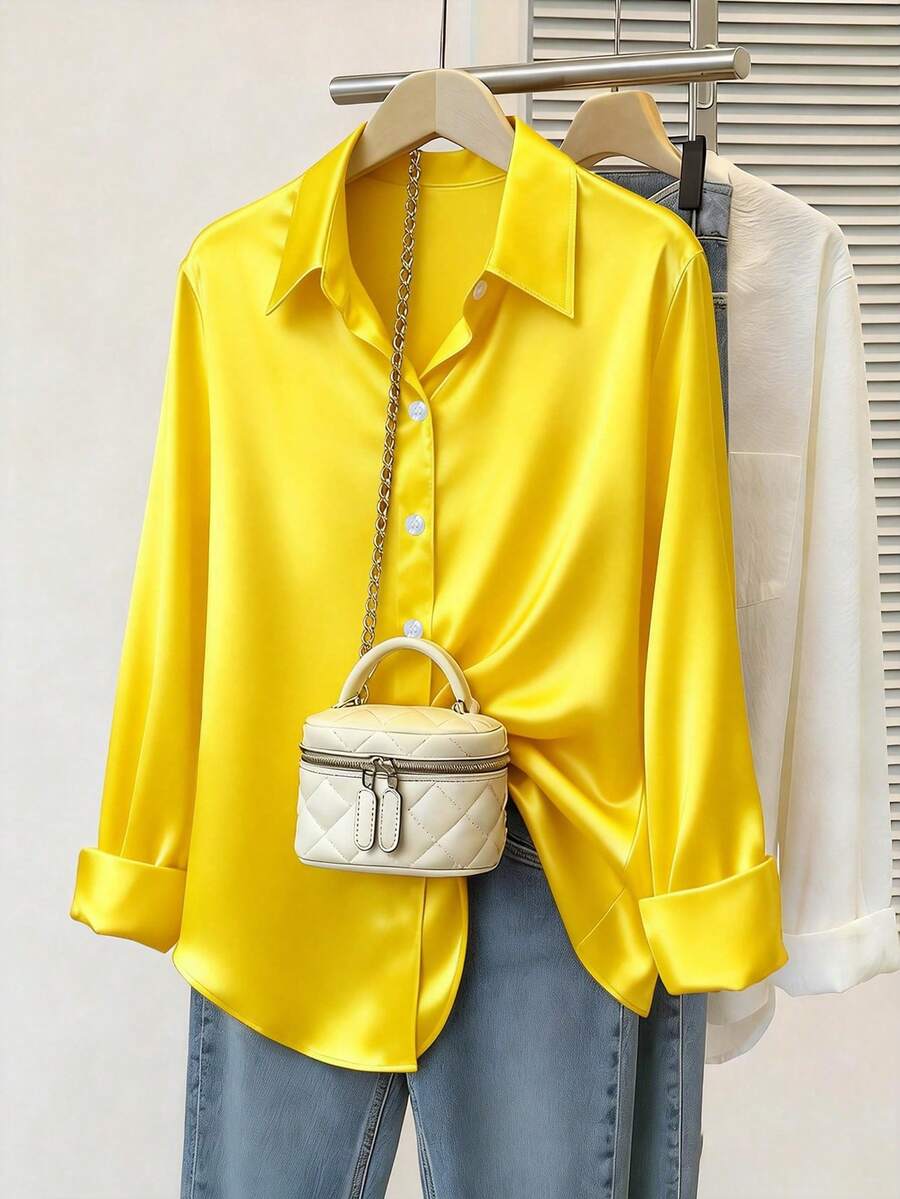 Plus Size Women Casual Satin Button-Up Shirt Spring - Yellow - View 1