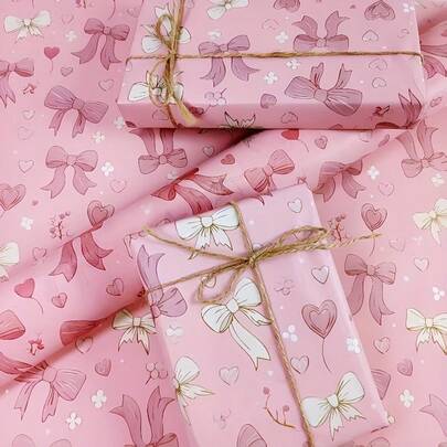 20张粉色蝴蝶结爱心礼品包装纸，带有蝴蝶结和爱心图案 - 20*14英寸，适用于DIY手工、生日、情人节包装 - 也适用于派对装饰、剪贴簿、填充物（精致纸张）