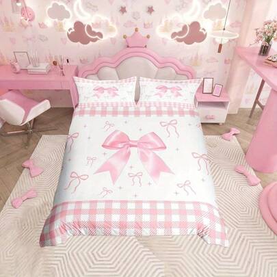 2/3pcs White Pink Bowknot Duvet Cover Set With Bow Ribbon Bedding - Soft Microfiber All-Season Comforter Set With Zipper Closure, Plaid Bow Design & Pink Bow Accents, Machine Washable For Adults, Home Decor, Festival Gifts