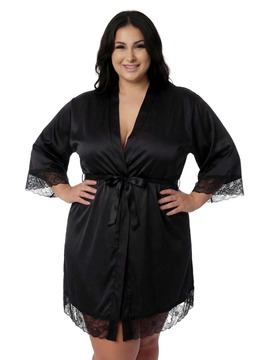 Women's Plus Size Robe In Romantic With Lace Detail And Satin Bow Luxury Comfortable Black - Black - View 1