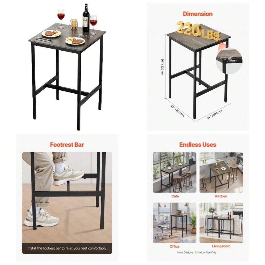 Bar Table, Sturdy Metal Frame High Top Pub Table, Small Kitchen Dining, Cocktail Coffee Counter Bar Height Desk, Easy To Assemble, 24x24x36 In, For Living Room Party, Rustic Brown And Black - 24x24x36 Inches - View 1