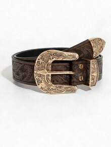 1pc Vintage Western Style Coffee-Color Metal Bull Head Buckle Dragon Embossed PU Leather Belt, Suitable For Daily Wear - Coffee - View 1