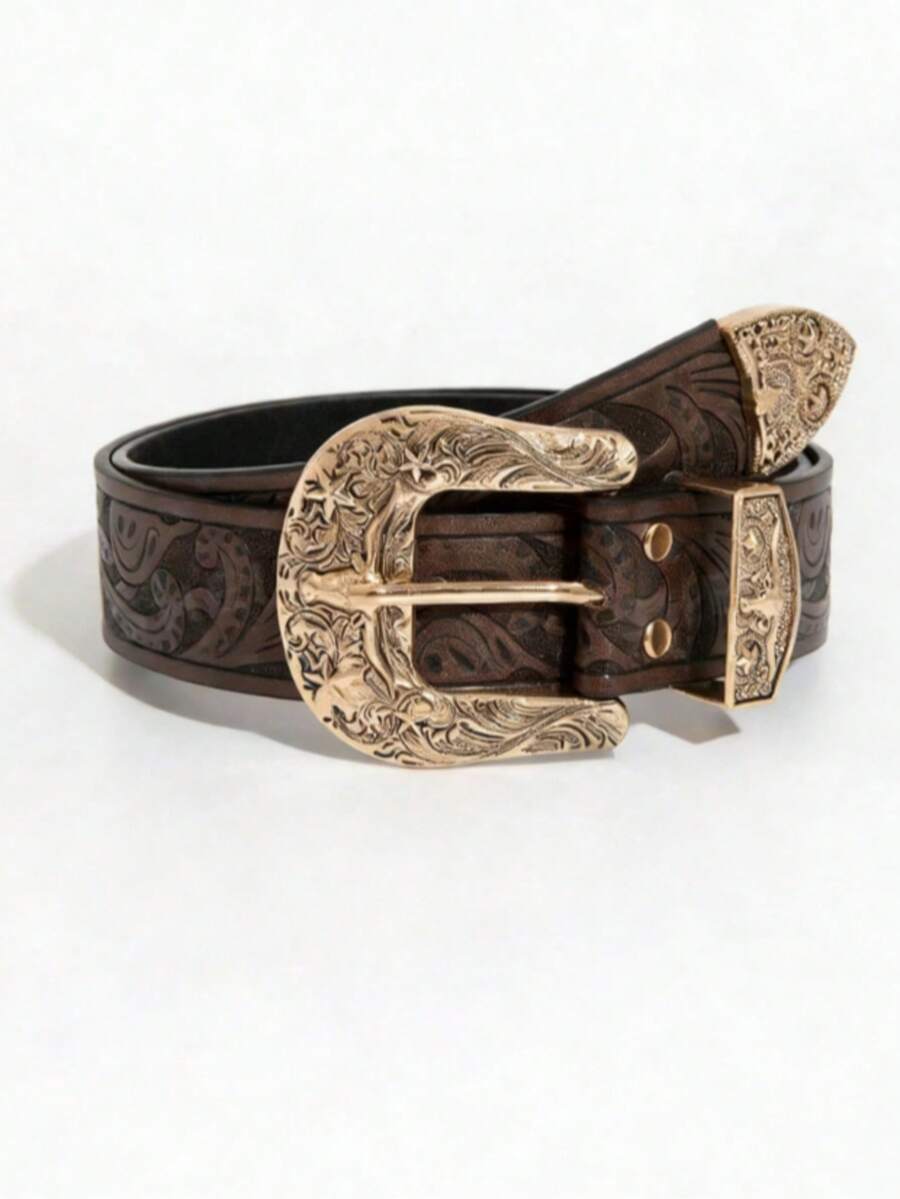 1pc Vintage Western Style Coffee-Color Metal Bull Head Buckle Dragon Embossed PU Leather Belt, Suitable For Daily Wear - Coffee - View 1