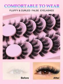 6对卡通猫眼假睫毛，仿貂毛假睫毛，狐狸眼假睫毛，自然浓密假睫毛，角色扮演旅行化妆工具（8-15条）假睫毛，睫毛，假睫毛 - 黑色 - 查看 2