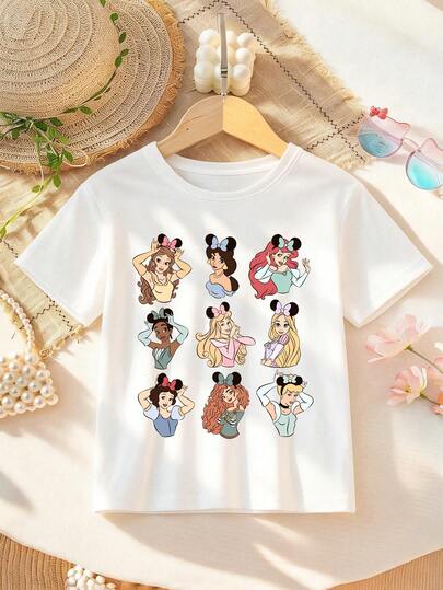  Disney Princess Print T-Shirt For Girls - Children's Clothing Design Short-Sleeve Casual Cute Style Comfortable And Relaxed Fit For Boys And Girls Perfect For Parties And Play Machine Washable Gift-Wrapped Children's Apparel Girls' Short-Sleeve Shirt