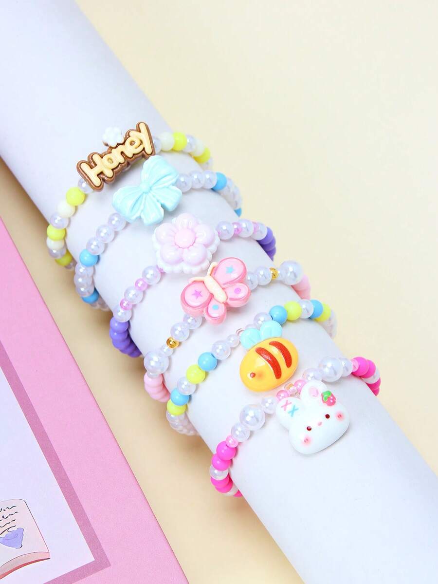 6件套可爱蝴蝶结、兔子、蝴蝶、花朵、蜜蜂串珠手链，适合女孩日常、节日、生日、派对佩戴 - 彩色 - 查看 1