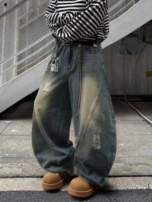 1pc Men's Japanese Style Ripped Patchwork Wide Leg Jeans, Vintage Distressed Casual Loose Fit Denim Pants (Belt And Accessories Not Included) - Dusty Blue - View 2