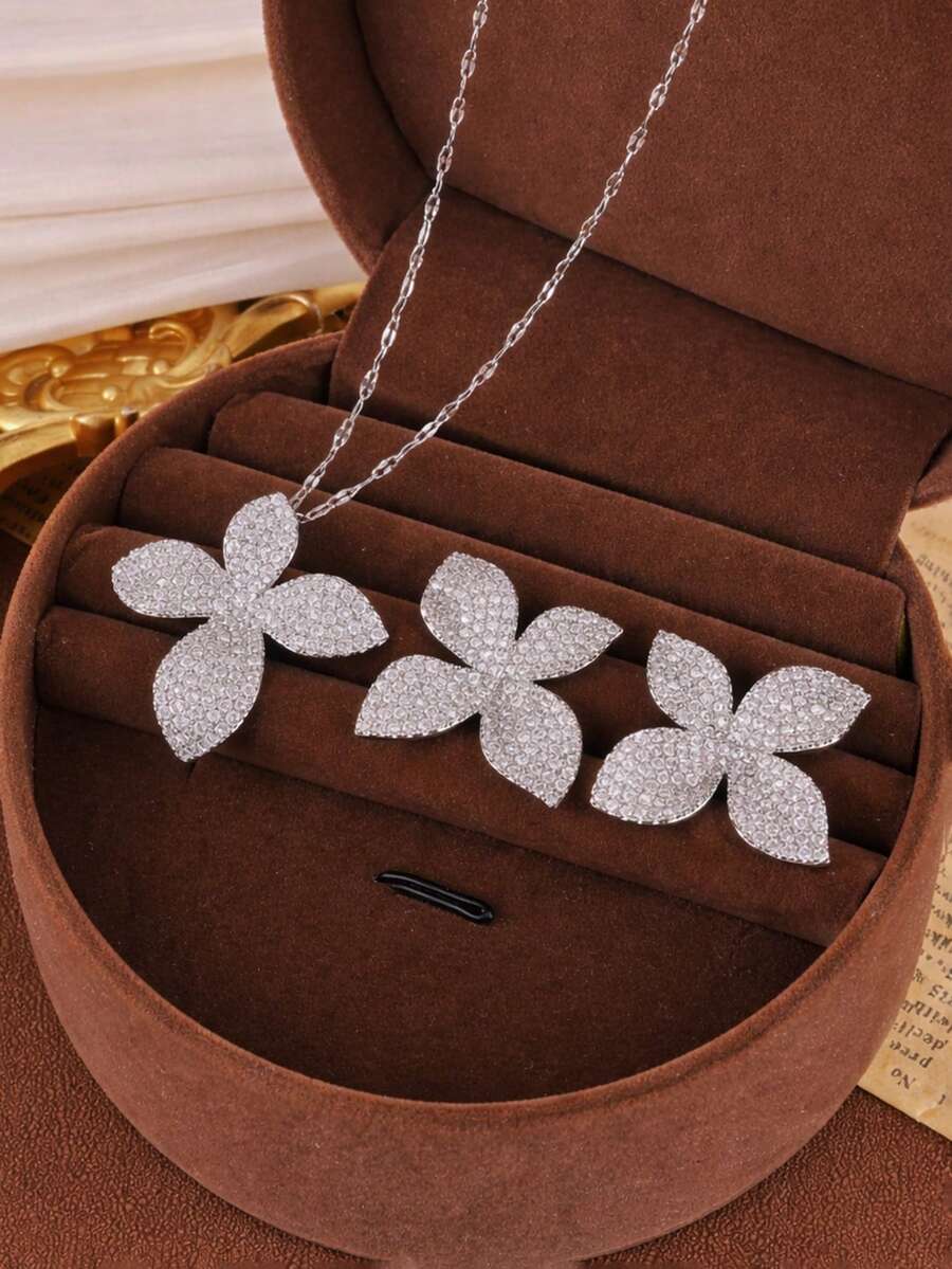 3pcs/Set Luxurious Leaf Cubic Zirconia Necklace & Earrings Jewelry Set For Women - Leaf - View 1